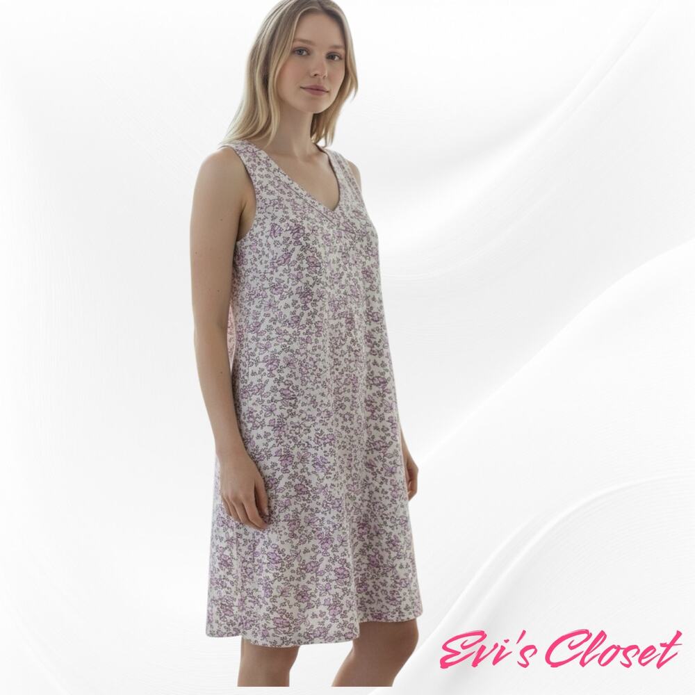 Loft Women's Linen Blend Dress Sz L White Pink Ivory Floral Loose Swingy Fit